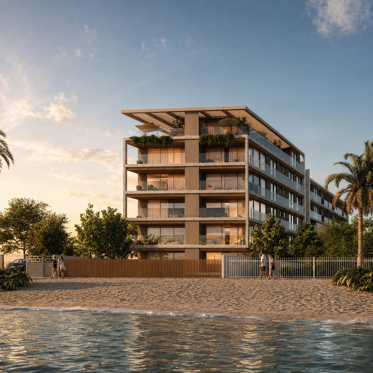Render de edifício frente mar em golden hour